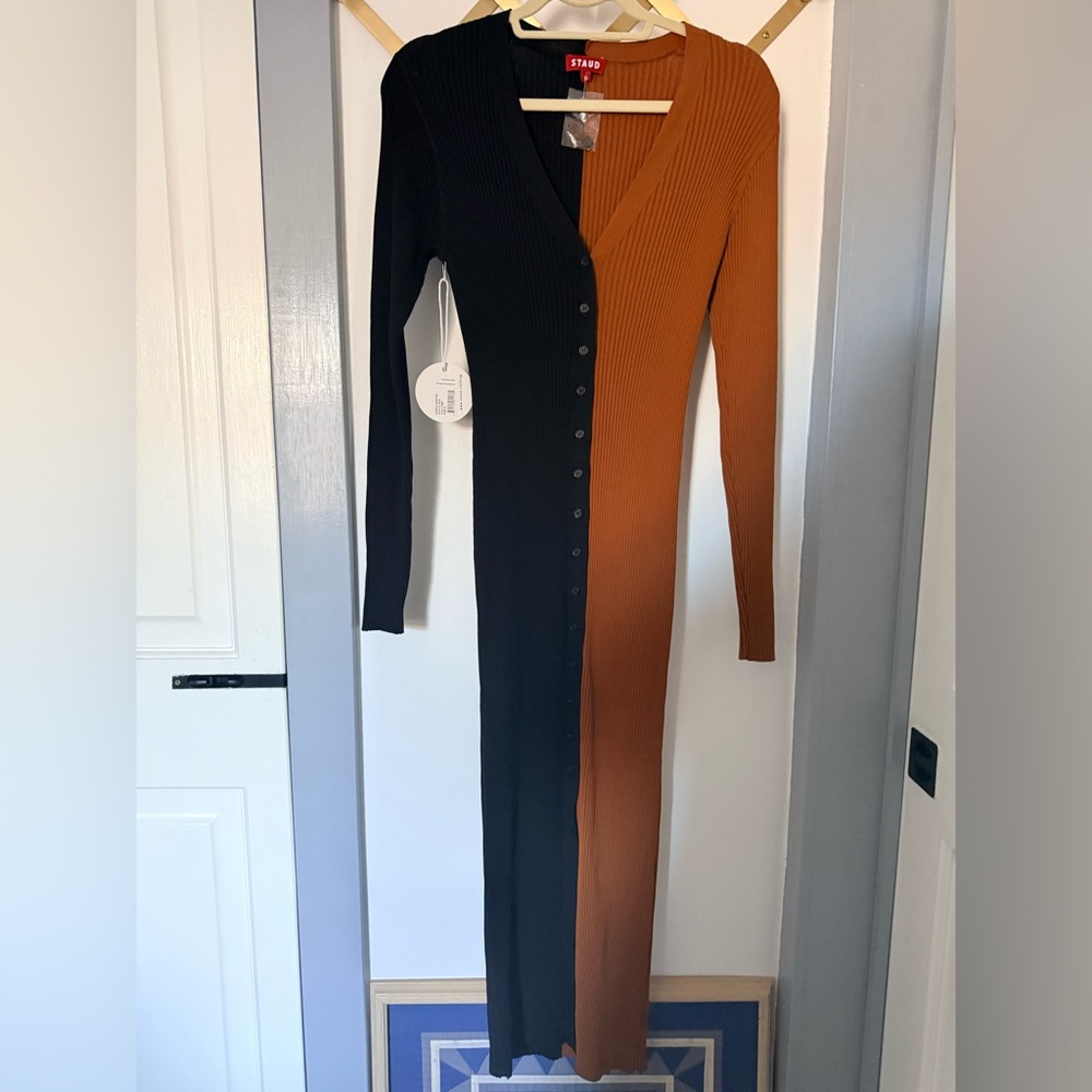 STAUD Black and Brown Long Sleeve Dress